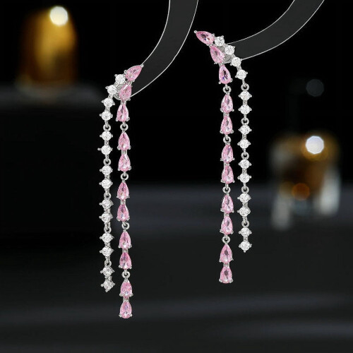 Long Fringed Zircon Earrings Silver Needle Water Drop