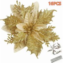 Gold Red Poinsettia Christmas Ornaments 16 pcs