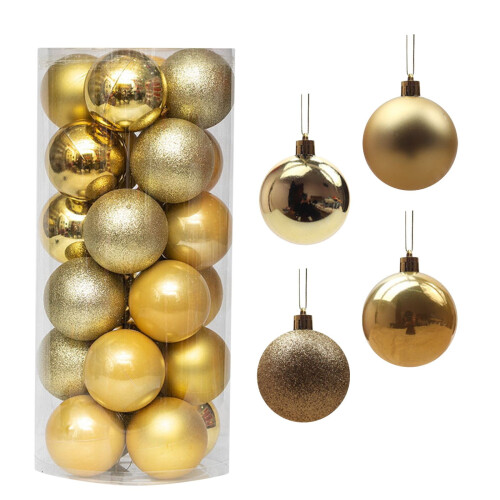 Gold Glitter Plastic Christmas Ornaments Set 24 pcs