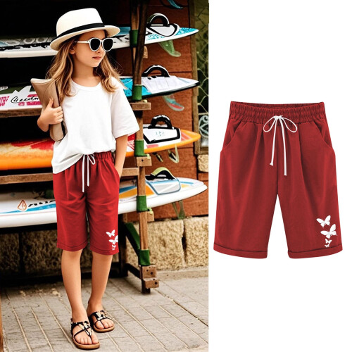 Girls Bermuda Shorts Red Solid Elastic Waist Knee Length 1