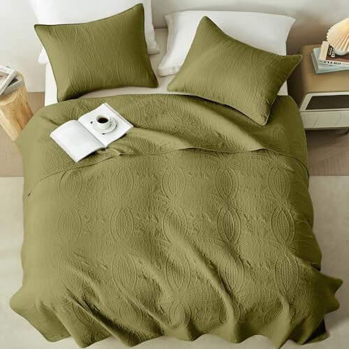 Olive Green Quilt Set King Size Microfiber Coin Pattern 1 2
