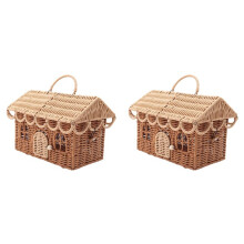 2X Cestino A Forma di Casa In Rattan, Organizer Decorativo Intrecciato A Mano con Manico Pieghevole, Cestino In Vimini per il Raccolto