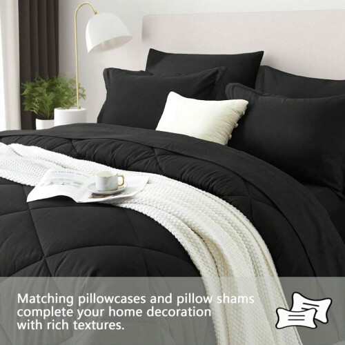 Ensemble de couette Queen uni géométrique noir 7 pièces 1