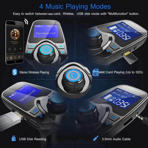 Car FM Transmitter with MP3, Hands-Free Call, USB Charging, 1