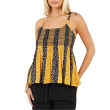(12 UK, Yellow/Black) Brave Soul Womens/Ladies Floral Stripe Shirred Spaghetti Strap Vest Top