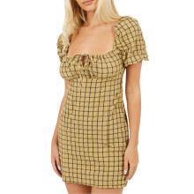 (14 UK, Mustard/Black) Brave Soul Womens/Ladies Checked Square Neck Puff Sleeve Mini Dress