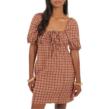 (8 UK, Rust/Black) Brave Soul Womens/Ladies Checked Square Neck Puff Sleeve Mini Dress