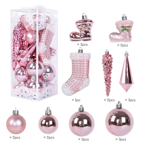 Christmas Tree Ornaments Set Pink Shatterproof Plastic 21pcs
