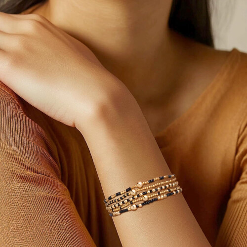 Gold Beaded Stack Bracelets for Women 5-Piece Set 1