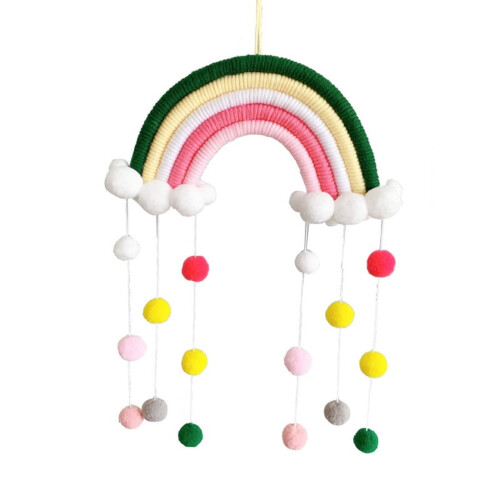 Rainbow wall hanging decor with pastel pom poms