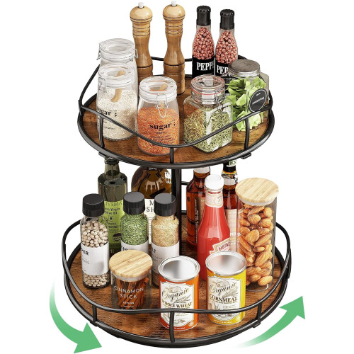 Wood Lazy Susan Organizer 2-Tier Rotating Spice Rack