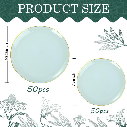 Πλαστικά πιάτα Sage Green 100 τεμάχια (50 μερίδες για δείπνο + 50 μερίδες για επιδόρπιο) 1