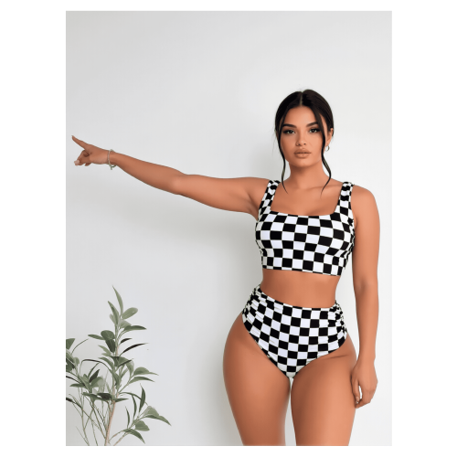 Zwart-wit geblokte bikini set voor dames, hoog model 2