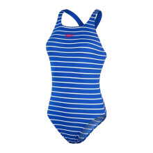 (30 UK, Blue/White) Speedo Womens/Ladies Medalist Horizontal Stripe One Piece Swimsuit