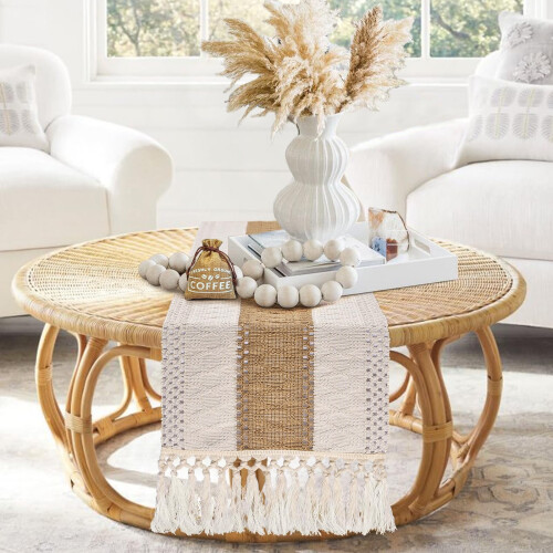 Makramee-pöytäliina, puuvillaa, beige, 81 cm 1