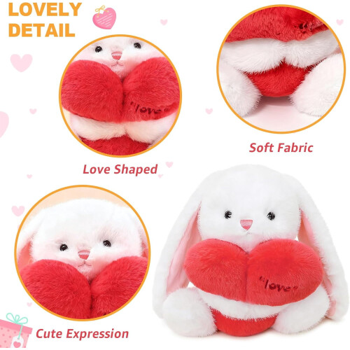 Conejo de peluche Love Bunny con corazón rojo, 24,9 cm, blanco.