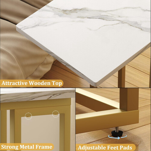 C-Shaped End Table White Wood Top Gold Frame 1pc 1