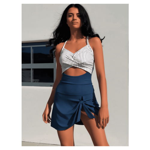 Costume intero da donna a righe con gonna a vita alta 2