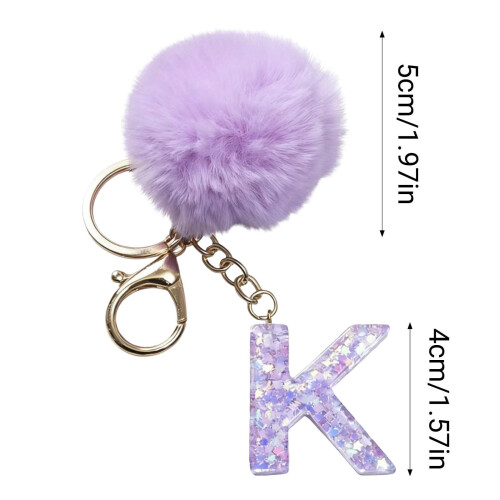 Purple Velvet Ball Keychain Set with Initial Option 1