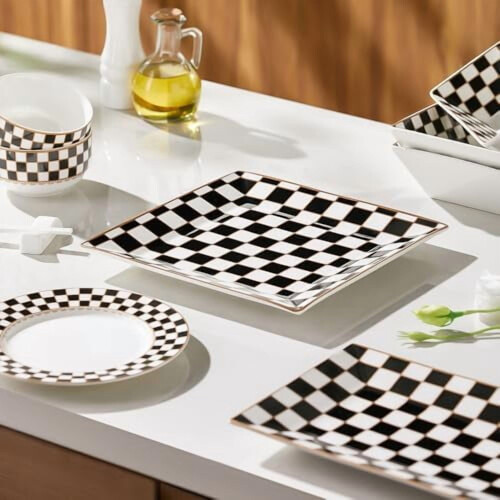 Porcelain Square Dinnerware Set for 4, Black and White 2