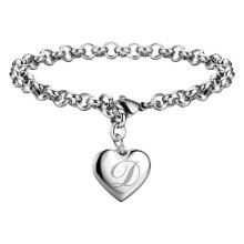 Stainless Steel Heart Charm Bracelet with Alphabet Letters