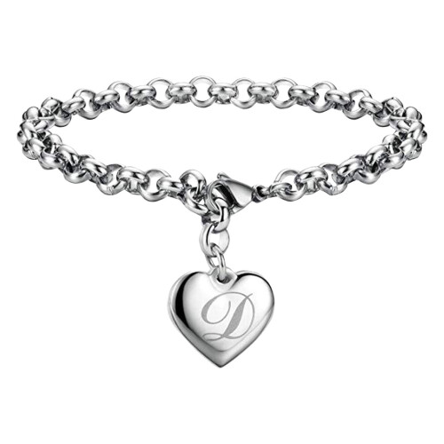 Stainless Steel Heart Charm Bracelet with Alphabet Letters