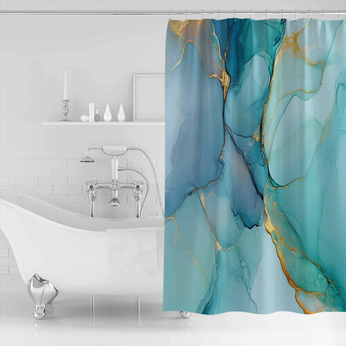 Blågrønt bruseforhæng 86 x 183 cm med blå marmortekstur 1