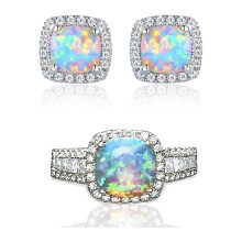 White Fire Opal Cushion Earrings and Ring Set Sterling
