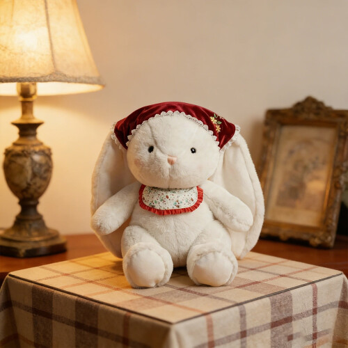 Witte pluche konijn met rode muts en slabbetje (30 cm) 2