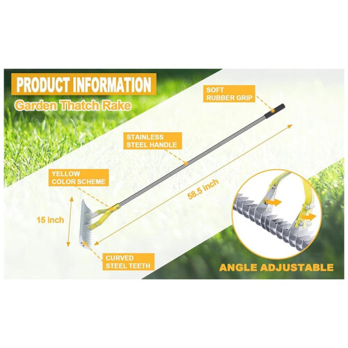Thatch Rake Dethatcher - 15-Inch Wide Lawn Rake, Stainless Steel Adjustable Handle Garden Rake 2