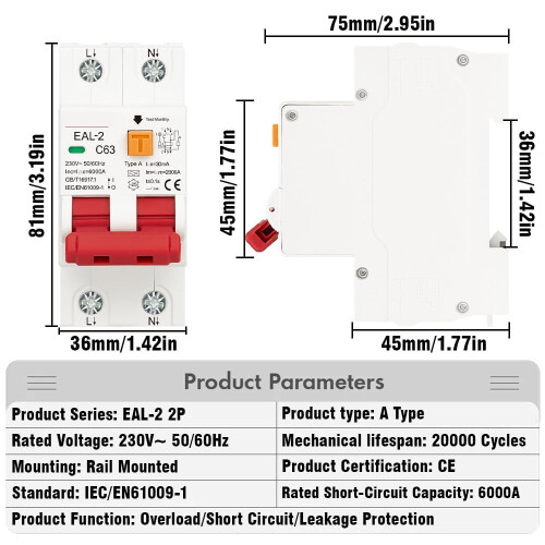 RCBO Circuit Breaker 230V/400V A Type 30mA 1
