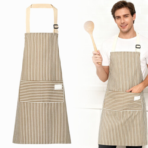 Grembiule da donna a righe in cotone e lino con 2 tasche e 1