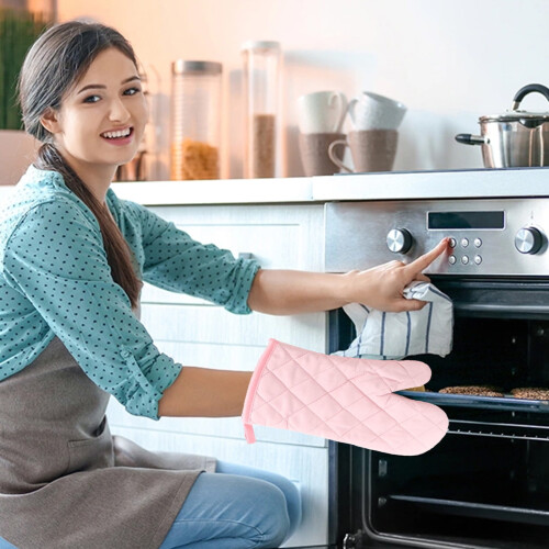 Oven Mitts Solid Color Heat Resistant Non-Slip 1 Pair Pink 1