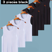 (3White+3Black, 36) [Men's Sleeveless Vests] 6pcs Men's Vests Wide Shoulder Sleeveless T-Shirts Base Layer Underwear Thin Solid Round Neck