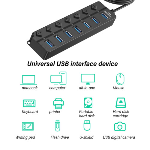 Concentrador USB con opciones de 7 y 4 puertos, conmutable, datos 1