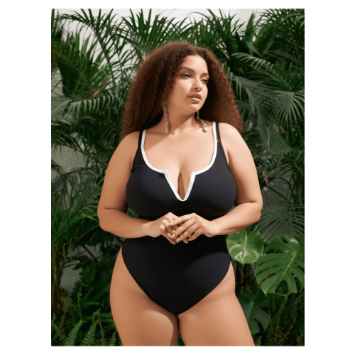 Women's Black V-Neck One-Piece Swimsuit with Wire Support 2