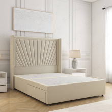 (Cream, 5ft King (No Mattress)) Alina Divan Double Bed Plush Velvet 54” Winged Headboard Built-in 2 Drawers Storage Mattress