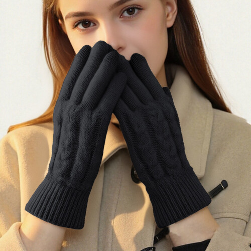 Ladies' Winter Double Layer Fleece Lined Gloves, Thickened Warm Cold Proof Outdoor Wool with Touchscreen Function,Black,One Size 1