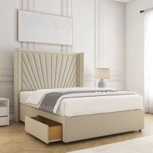 (Cream, 5ft King (with Mattress)) Alina Divan Double Bed Plush Velvet 54” Winged Headboard Built-in 2 Drawers Storage Mattress