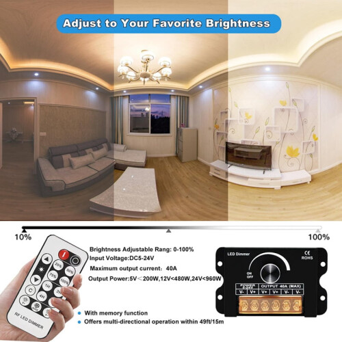 12V LED-dimmer med RF-fjernkontroll og timer, 5-24V40A 2
