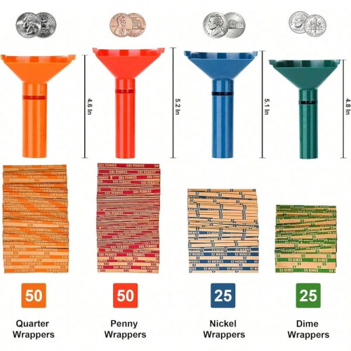 Ensemble de 4 tubes de comptage de pièces à code couleur avec 150 pièces plates 1