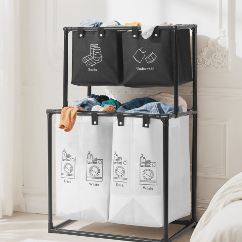 Cesto de ropa sucia plegable con asas y 2 compartimentos 1