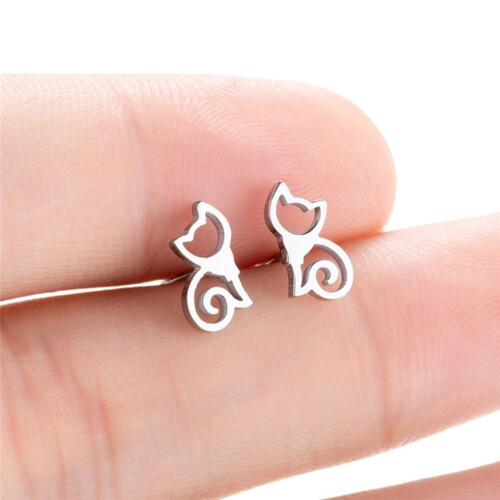 Stainless Steel Hollow Cat Stud Earrings 1 Pair 1