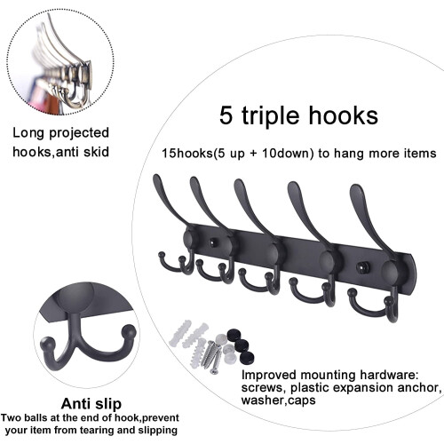 Wall Mounted Coat Rack Black with 5 Hooks 1