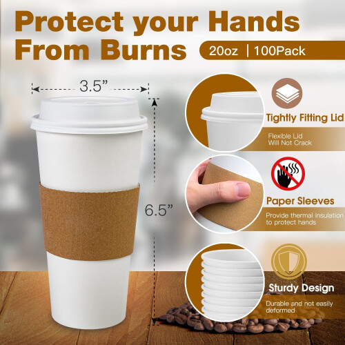 Bicchieri da caffè di carta usa e getta con coperchio e manicotto, 100 pezzi 2