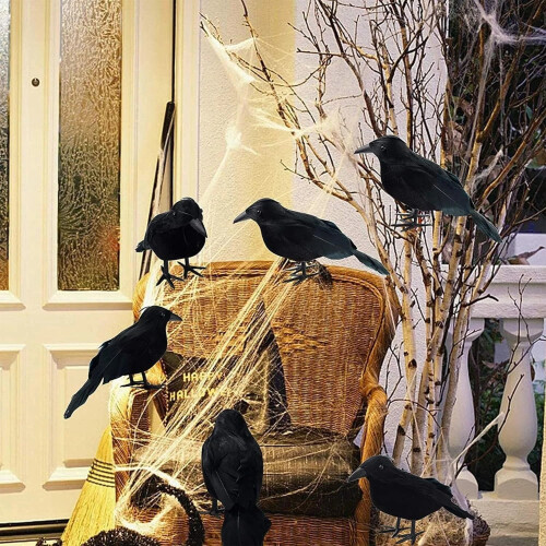 Decorazioni a forma di corvo, uccelli neri realistici con piume, 6 pezzi 1
