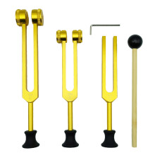 Set di 4 Diapason (128Hz, 256Hz, 512Hz) con Martello Diapason per Strumento di Vibrazione del Suono con Base, Oro