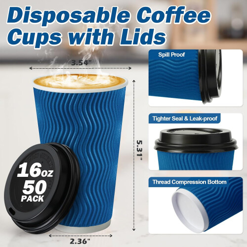 Disposable Paper Coffee Cups with Lids16oz Navy50Pack 1