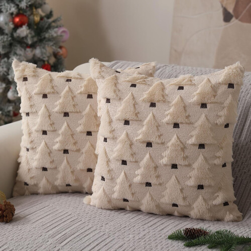 Christmas Pillow Covers Beige Tree Design 18x18 Inch 1