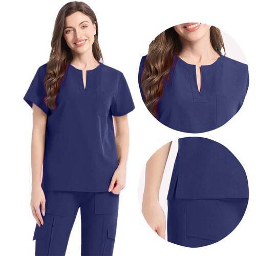 Women's Scrubs Set Navy Solid Color V-Neck Blouse and 2